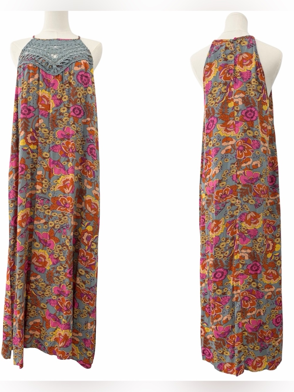 Floral Boho Crochet Halter Maxi Dress Size Large